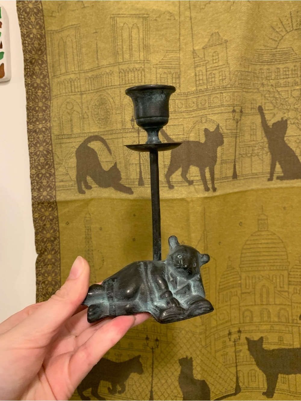 Vintage Brass Mouse Reading Book Candle Holder Green Oxidized Finish